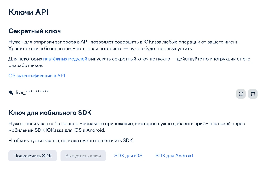 Раздел «Ключи API» в кабинете ЮKassa